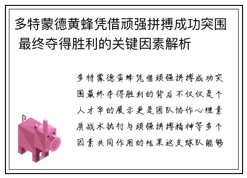 多特蒙德黄蜂凭借顽强拼搏成功突围 最终夺得胜利的关键因素解析